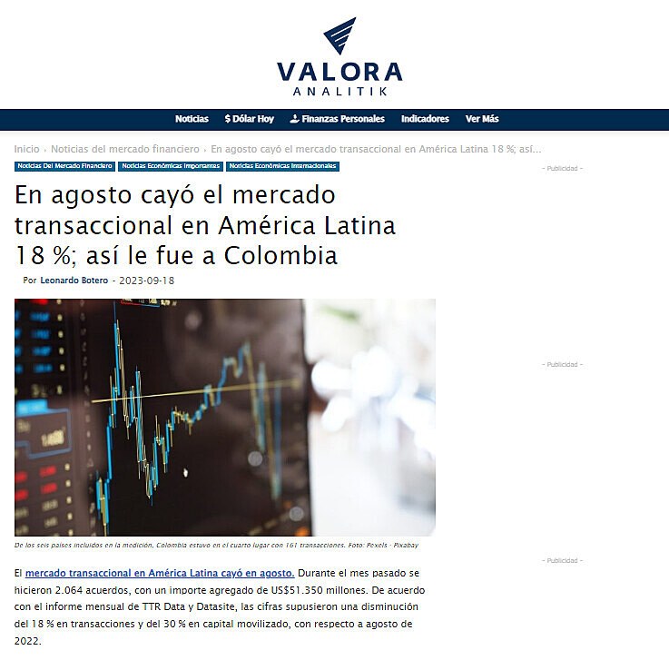 En agosto cay el mercado transaccional en Amrica Latina 18 %; as le fue a Colombia